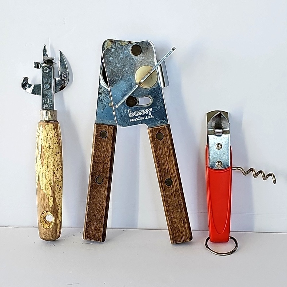 Vintage Ekco Bonny Can Opener Corkscrew‎ Lot Wood Handle Kitchen Tools USA Retro